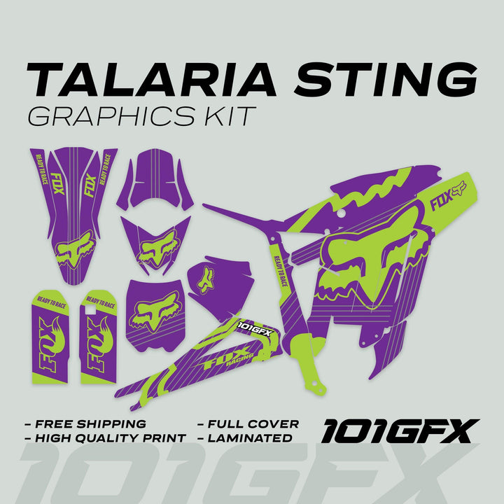 Talaria Sting MX3 MX4 Graphics Kit FOX STRIPES Purple Green, featuring purple and lime-green decals for fork guards, fenders, and panels with highlighted features.