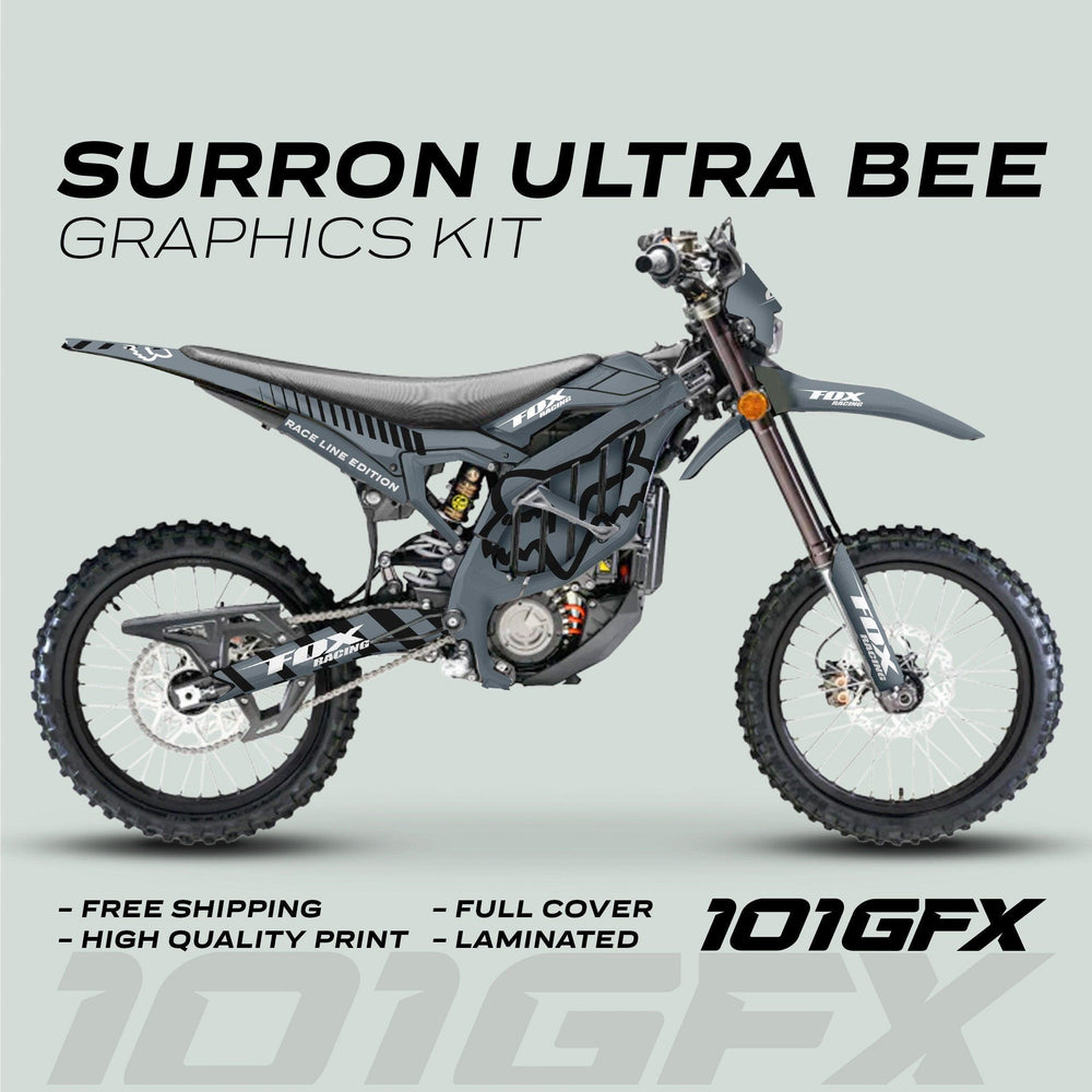 Sur-Ron Ultra Bee electric dirt bike with custom “Race Line Edition” graphics kit, highlighting free shipping and high-quality laminated print by 101GFX.