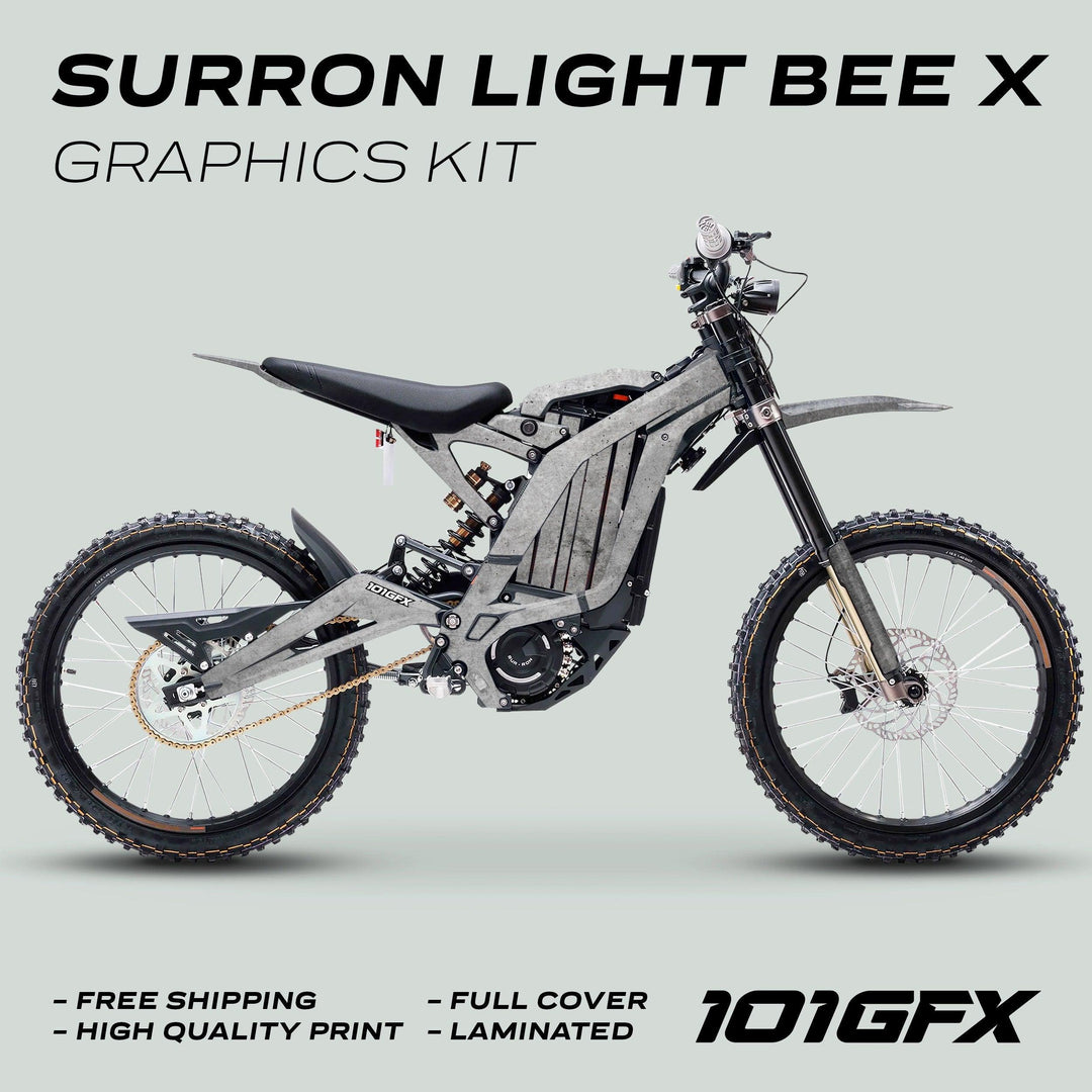 Surron Light Bee X Graphics Kit CONCRETE Grey displayed on bike; features include free shipping, high-quality, full-cover laminated decals for enhanced style and durability.