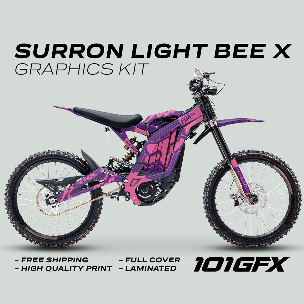Sur-Ron Light Bee X wrapped in a purple/pink camo graphics kit by 101GFX, featuring Fox Stripes design, highlighting durability, high-quality print, and easy installation.