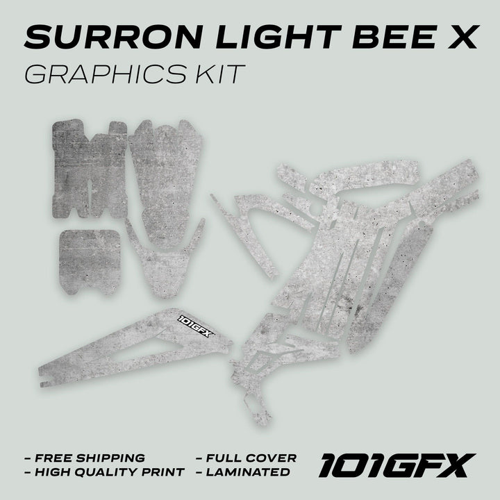 Surron Light Bee X Graphics Kit in Concrete Grey, featuring laid-out vinyl decals for full bike coverage, with promotional highlights: FREE SHIPPING, HIGH QUALITY PRINT, LAMINATED.