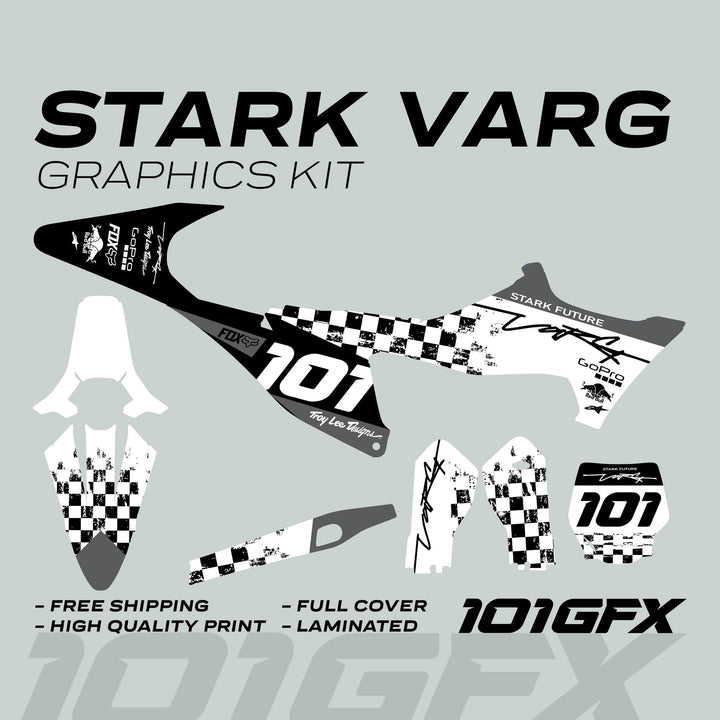 Stark Varg Graphics Kit RACE BLACK White Decals Stickers featuring grungy checker pattern, race number 101, and sponsor logos, emphasizing durability and easy application.