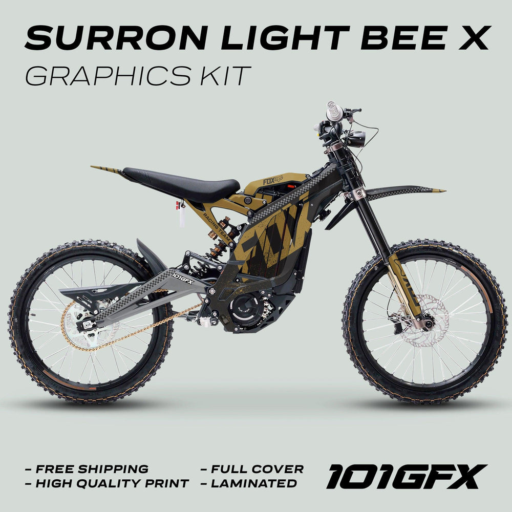 Surron Light Bee X Graphics Kit FOX DUST Black Gold showcased on a bike, featuring custom black and gold decals with highlighted benefits like free shipping and high-quality print.