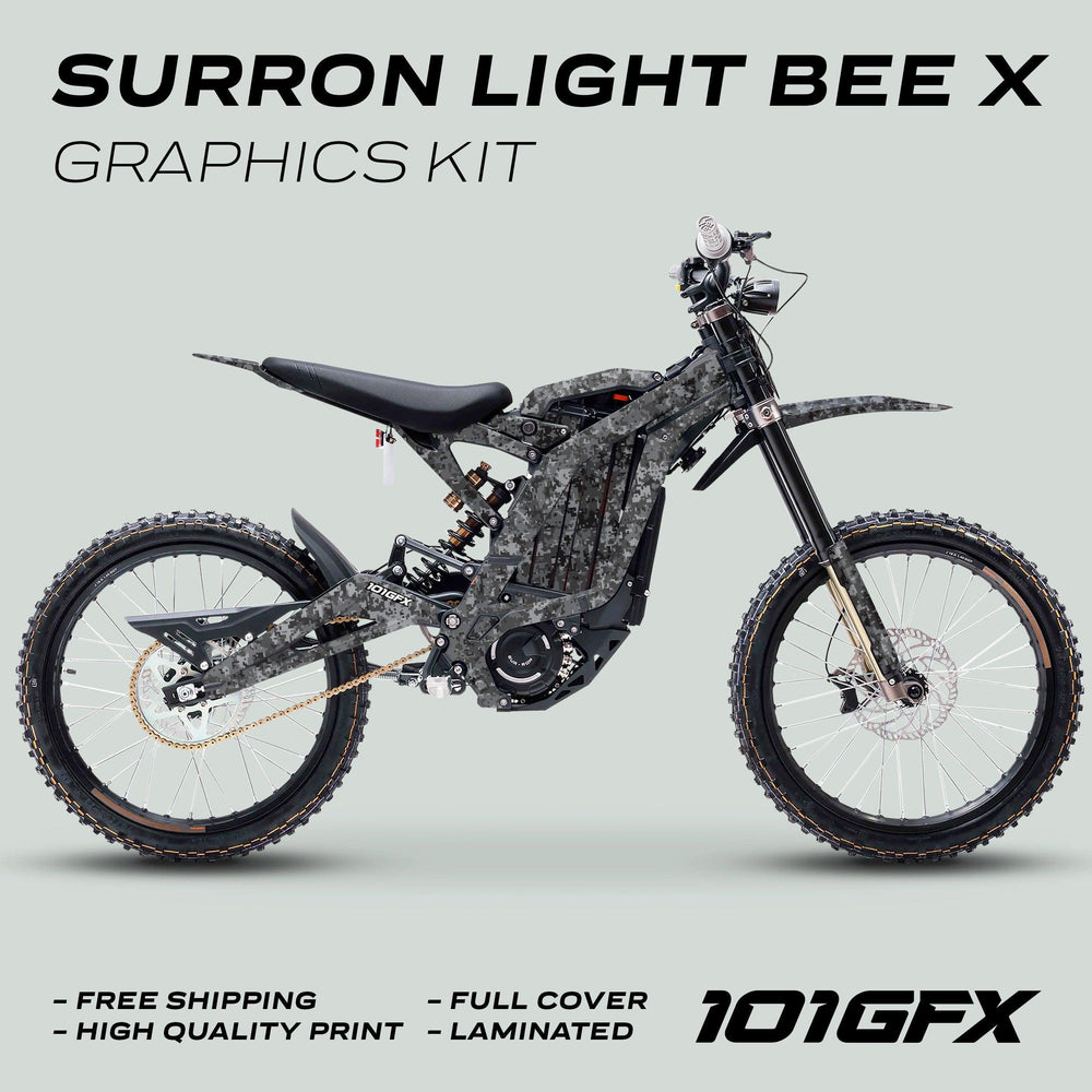 Surron Light Bee X Graphics Kit SQUARE TEK grey displayed on an electric dirt bike, featuring full camouflage coverage, promoting free shipping and high-quality laminated protection.
