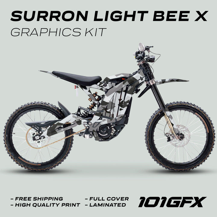 Surron Light Bee X Graphics Kit GEOTECH GREY displayed on a bike, showcasing full-coverage camouflage graphics, highlights like free shipping and high-quality print.