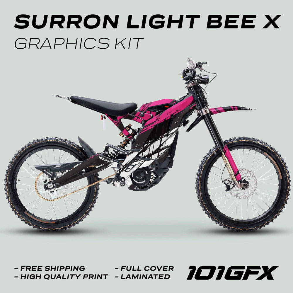 Surron Light Bee X Graphics Kit SLICE BLACK Pink on bike, featuring pink-and-black decals, highlighted by text promoting free shipping, high-quality print, full cover, and laminated.