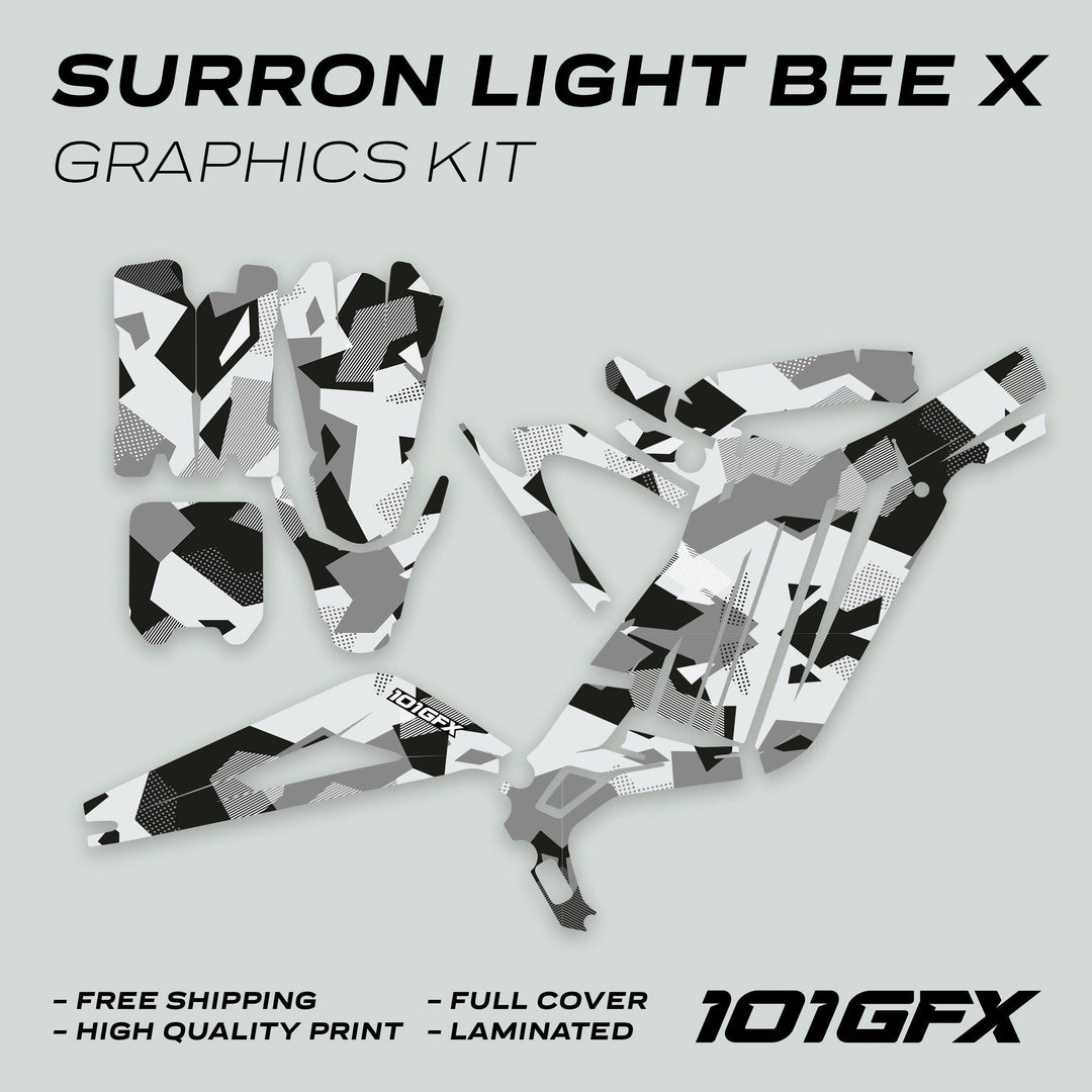 Surron Light Bee X Graphics Kit GEOTECH GREY, featuring grayscale camo decals, full cover, high-quality print, laminated, with free shipping, branded with 101GFX logo.