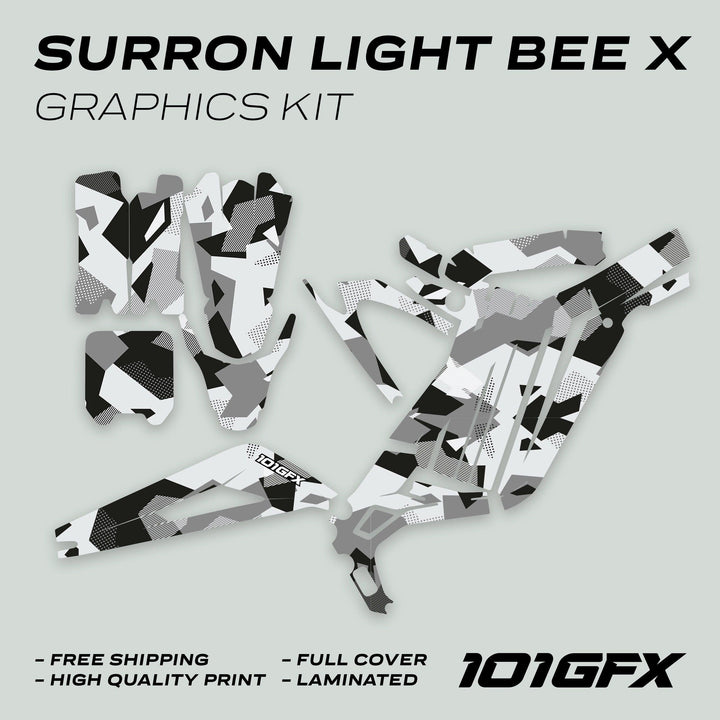 Surron Light Bee X Graphics Kit GEOTECH GREY, featuring grayscale camo decals, full cover, high-quality print, laminated, with free shipping, branded with 101GFX logo.