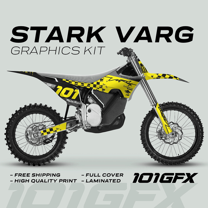 Stark Varg Graphics Kit RACE BLACK Yellow Decals Stickers on dirt bike, featuring yellow-black design, racing number, sponsor logos, promoting free shipping and high-quality laminated stickers.