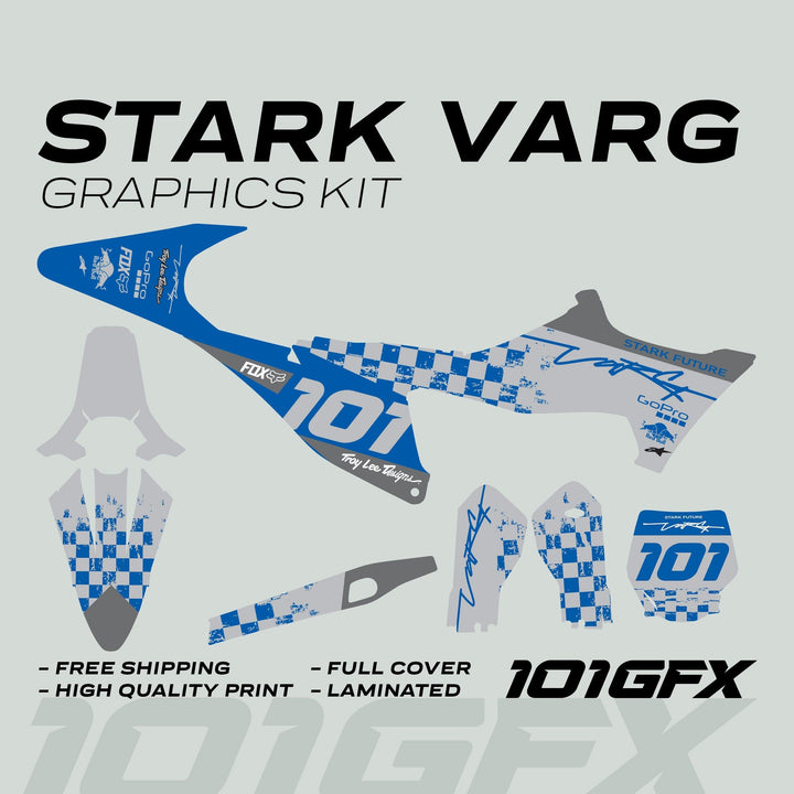 Stark Varg Graphics Kit RACE BLUE Grey Decals Stickers featuring checkerboard design, race number 101, sponsor logos, and laminated for durability, tailored for Stark Future Varg model.