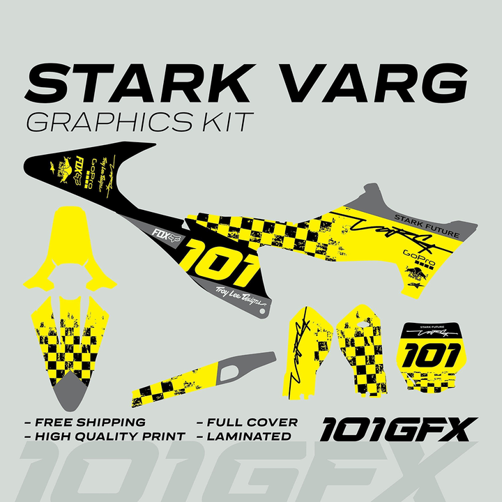Stark Varg Graphics Kit with distressed black-yellow checkers, race number 101, and logos. Includes decals for fenders, panels, scoops, guards, and plate.