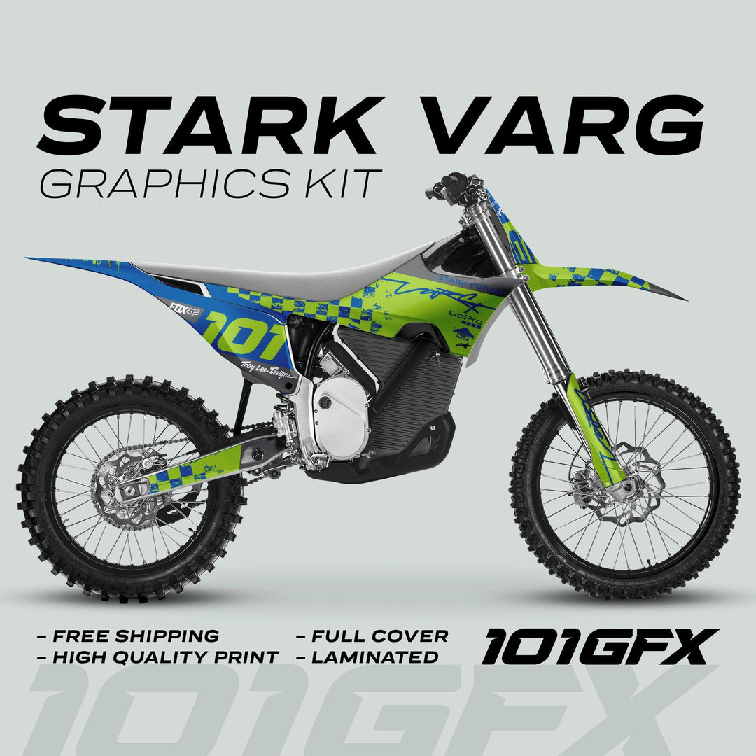 Stark Varg Graphics Kit features a green-and-blue checkerboard design on a dirt bike, highlighting its durability and high-quality laminated finish with free shipping.