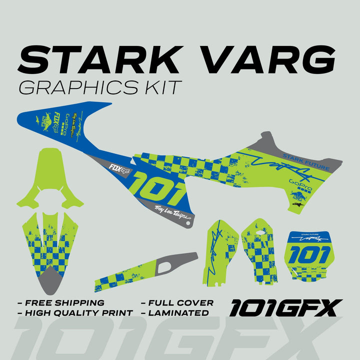 Stark Varg Graphics Kit with blue-green decals, number 101, includes sponsor logos, offers high-quality, laminated, full-cover vinyl for motocross bikes, with free shipping.