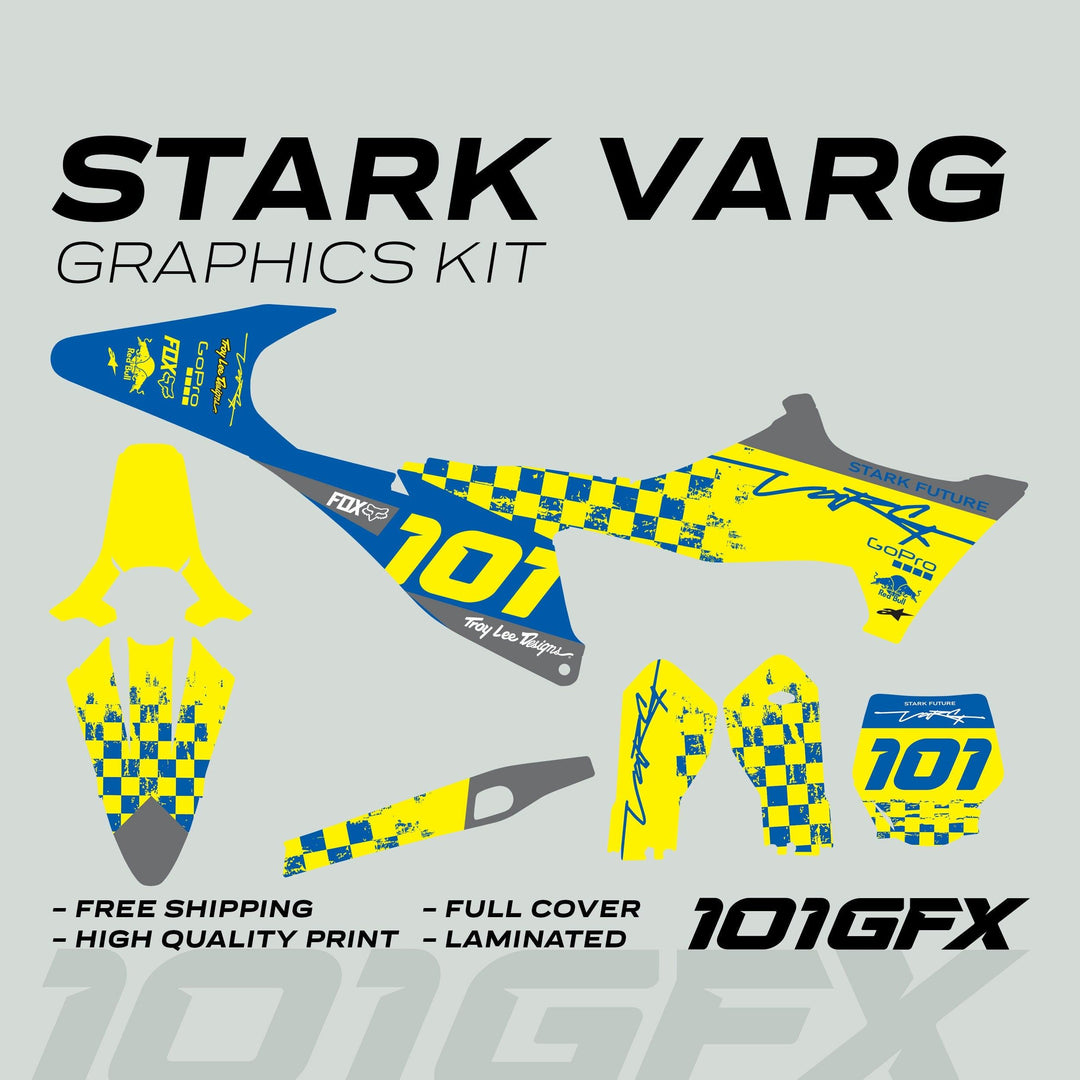 Stark Varg Graphics Kit RACE BLUE Yellow Decals Stickers, featuring number plates and checkerboard patterns, includes sponsor logos and laminated for durability.