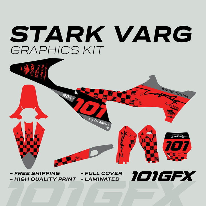 Stark Varg Graphics Kit RACE BLACK Red Decals Stickers layout, featuring distressed red/black design, sponsor logos, and race number 101 with shipping and quality highlights.