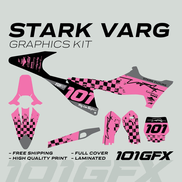 Stark Varg Graphics Kit RACE BLACK Pink Decals Stickers featuring pink-and-black checkerboard design with “101” racing number, includes branded decals like Fox, Red Bull, and GoPro.