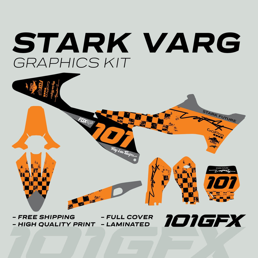 Stark Varg Graphics Kit RACE BLACK Orange Decals Stickers, featuring vinyl pieces with sponsor logos, vibrant colors, and marketing callouts, laid out for motocross customization.