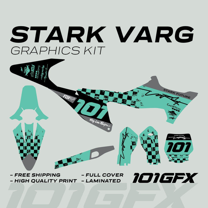 Stark Varg Graphics Kit RACE BLACK Mint Decals Stickers displayed with mint-green checker design, featuring rider number 101 and sponsor logos, emphasizing durability and easy application.