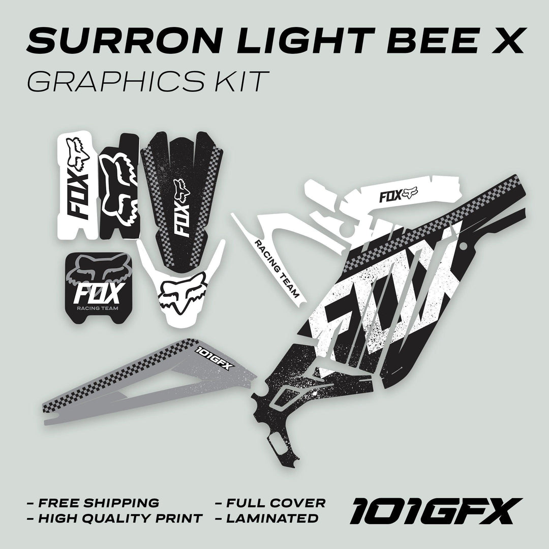 Surron Light Bee X Graphics Kit in Fox Racing style, featuring black-and-white vinyl decals, including panels and number-plate, promoting durability and easy application.