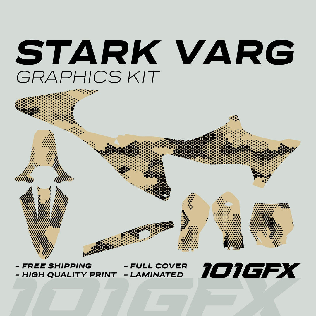 Stark Varg Graphics Kit HEXOCAM Sand Decals with beige-black camo pattern, showcasing cut-out pieces, durability highlights, and branding against a grey background.
