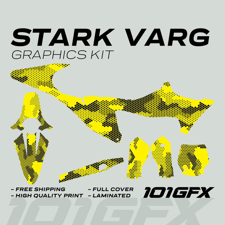 Stark Varg Graphics Kit HEXOCAM Yellow Decals Stickers in yellow-and-black halftone camo, showing individual decal pieces with features like free shipping and high-quality print.