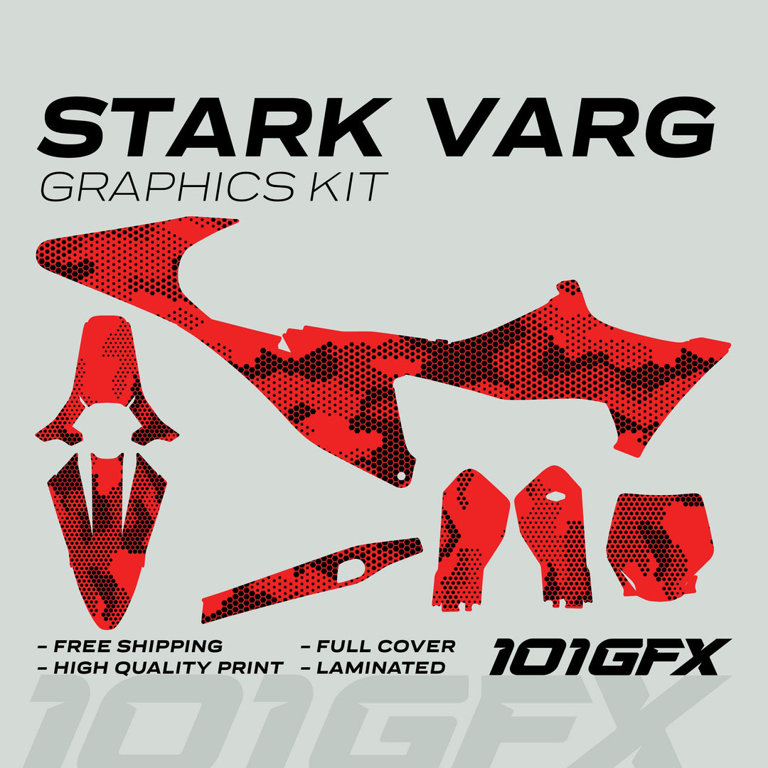 Stark Varg Graphics Kit HEXOCAM Red Decals: red-and-black camo vinyl decals for motorcycle plastics, offering durable, laminated protection and an easy peel-and-stick application.