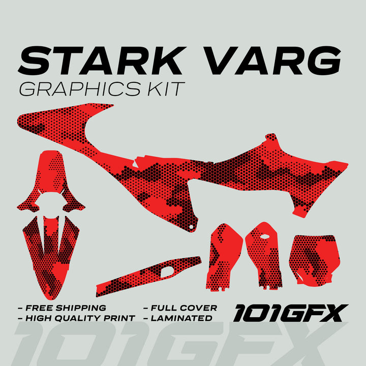 Stark Varg Graphics Kit HEXOCAM Red Decals: red-and-black camo vinyl decals for motorcycle plastics, offering durable, laminated protection and an easy peel-and-stick application.