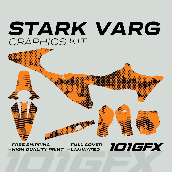 Stark Varg Graphics Kit HEXOCAM Orange Decals Stickers laid out, showcasing die-cut vinyl pieces with a vibrant camouflage pattern, highlighting features like durability and easy application.