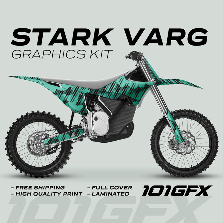 Side profile of a dirt bike featuring Stark Varg Graphics Kit HEXOCAM MINT Decals, showcasing teal-and-black camo design, with features like high-quality print and laminated finish.