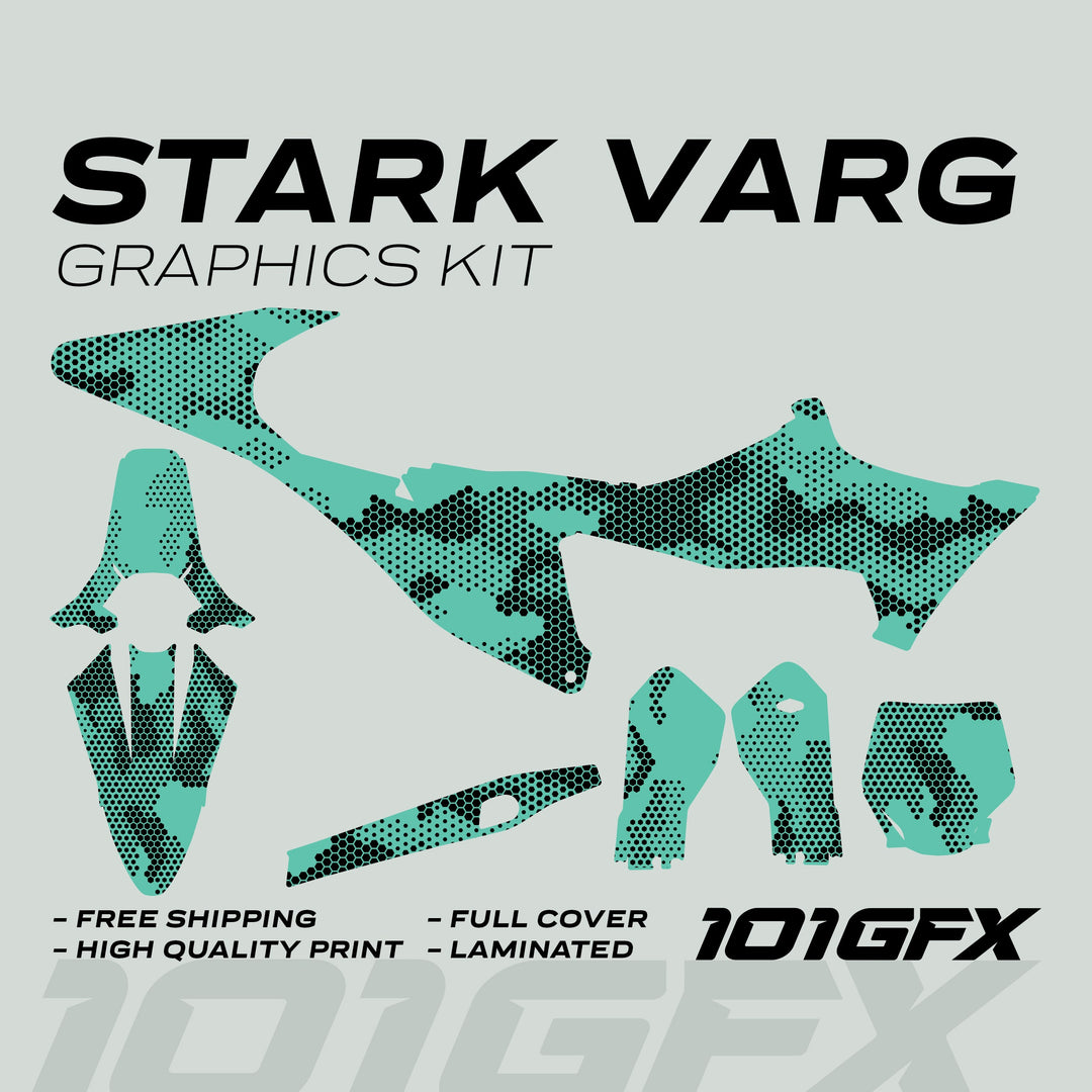 Stark Varg Graphics Kit HEXOCAM MINT Decals Stickers, turquoise-black design, seven-piece set, includes free shipping, high quality, full cover, laminated, by 101GFX.