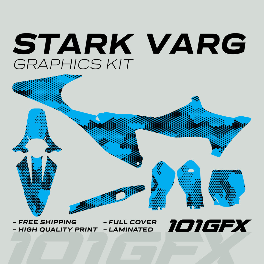 Stark Varg Graphics Kit HEXOCAM CYAN Decals Stickers, showcasing blue-black camo decals for bikes, highlights features like free shipping, high-quality print, full cover, and laminated finish.