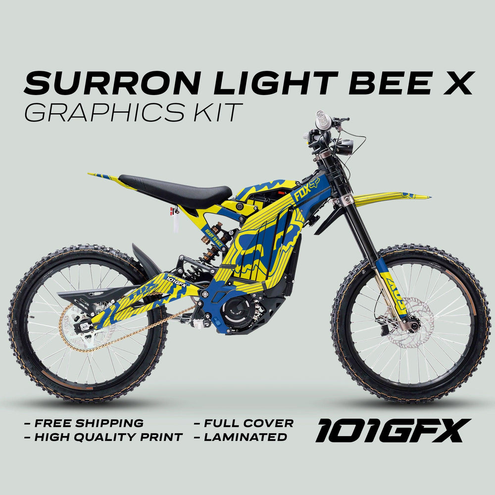 Surron Light Bee X Graphics Kit FOX STRIPES YELLOW Blue on electric dirt bike, featuring blue-and-yellow FOX-style wrap, free shipping, high-quality print, full cover, laminated.