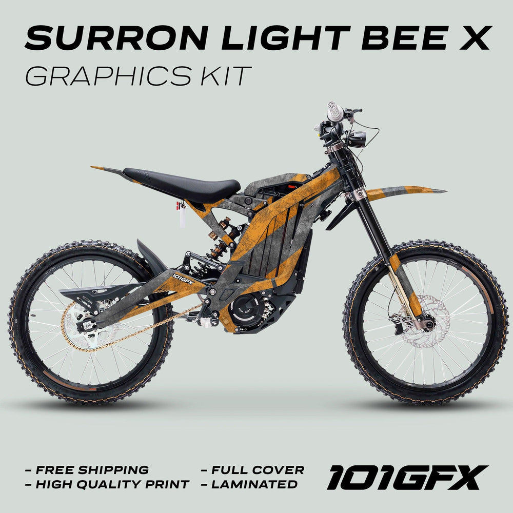 Surron Light Bee X Graphics Kit CONCRETE LINES on bike, featuring rugged orange-charcoal stripes; highlights: free shipping, high-quality print, full coverage, laminated finish, 101GFX logo visible.