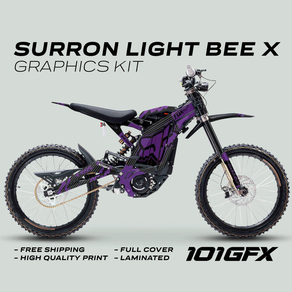Surron Light Bee X Graphics Kit, showcasing a purple-and-black fox stripe design on a bike, emphasizes style and durability with free shipping and high-quality print.