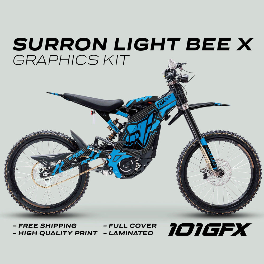 Surron Light Bee X Graphics Kit FOX STRIPES BLACK Cyan, featuring a blue-and-black vinyl wrap with Fox logo, offering durability, easy application, and race-ready design.