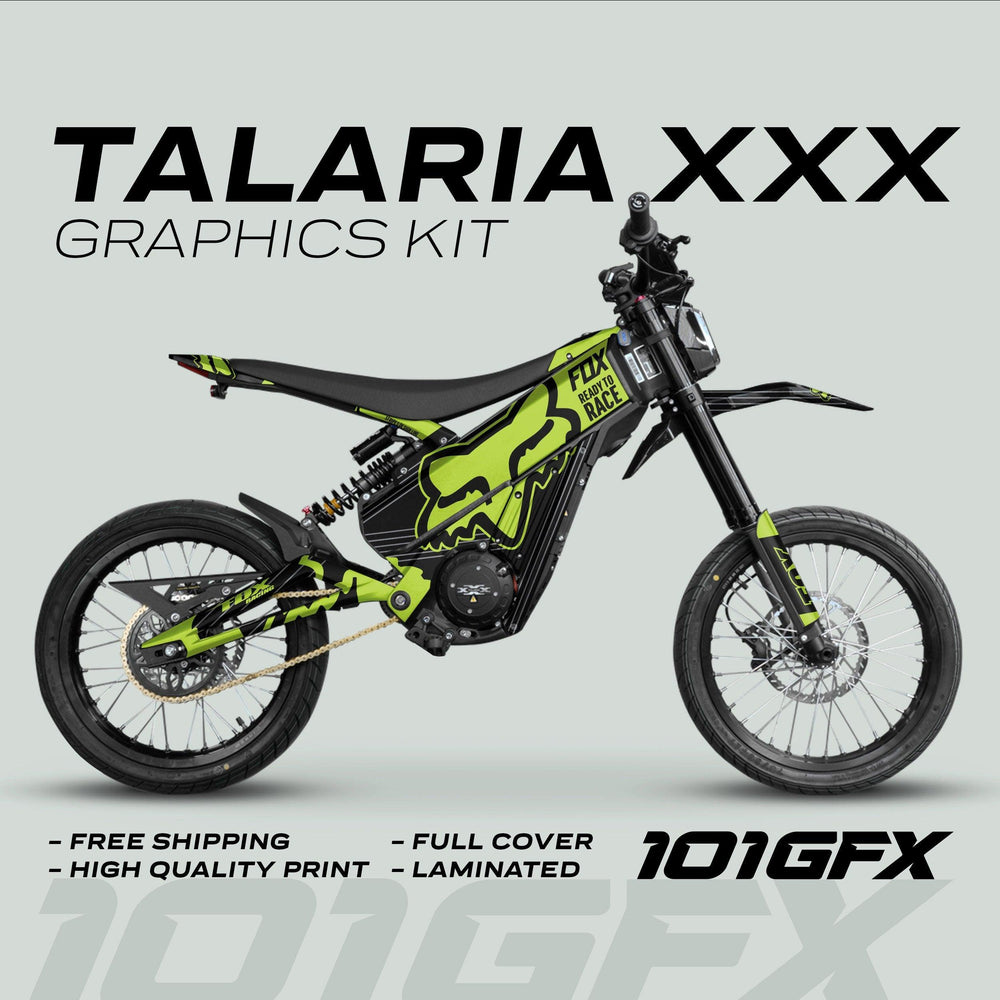 Talaria XXX Graphics Kit FOX STRIPES Black Green on bike, featuring high-quality, full-cover laminated decals with FOX logo; includes free shipping and easy installation.