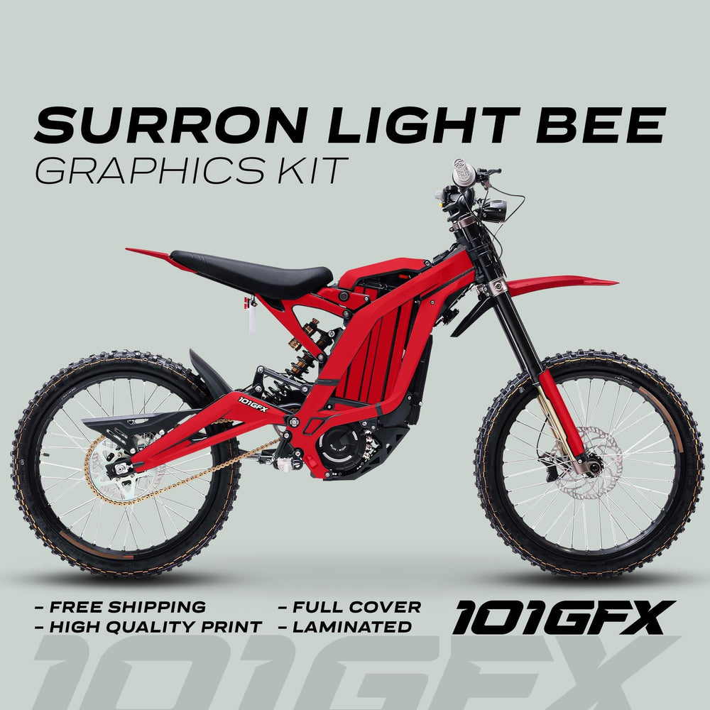 Surron Light Bee X Graphics Kit MONO COLOR Red shown in profile, highlighting high-quality laminated decals and benefits like free shipping and easy application.