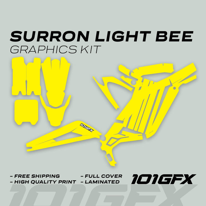 Surron Light Bee X Graphics Kit MONO COLOR Yellow, featuring bright-yellow pre-cut decals for bike fenders and panels, showcasing durability and custom fit for easy application.