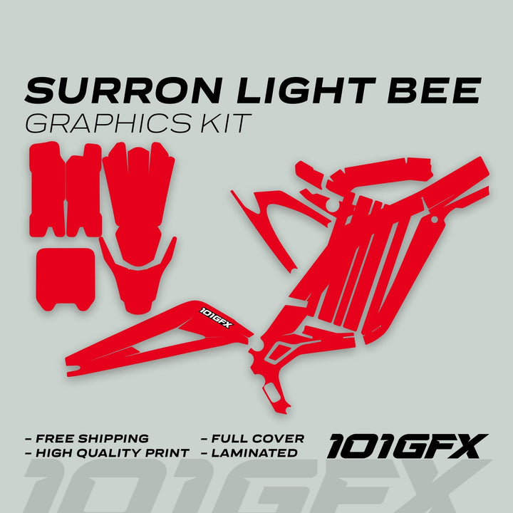 Surron Light Bee X Graphics Kit MONO COLOR Red decals laid out, showcasing high-quality, laminated pieces for full bike coverage with free shipping and 101GFX branding.