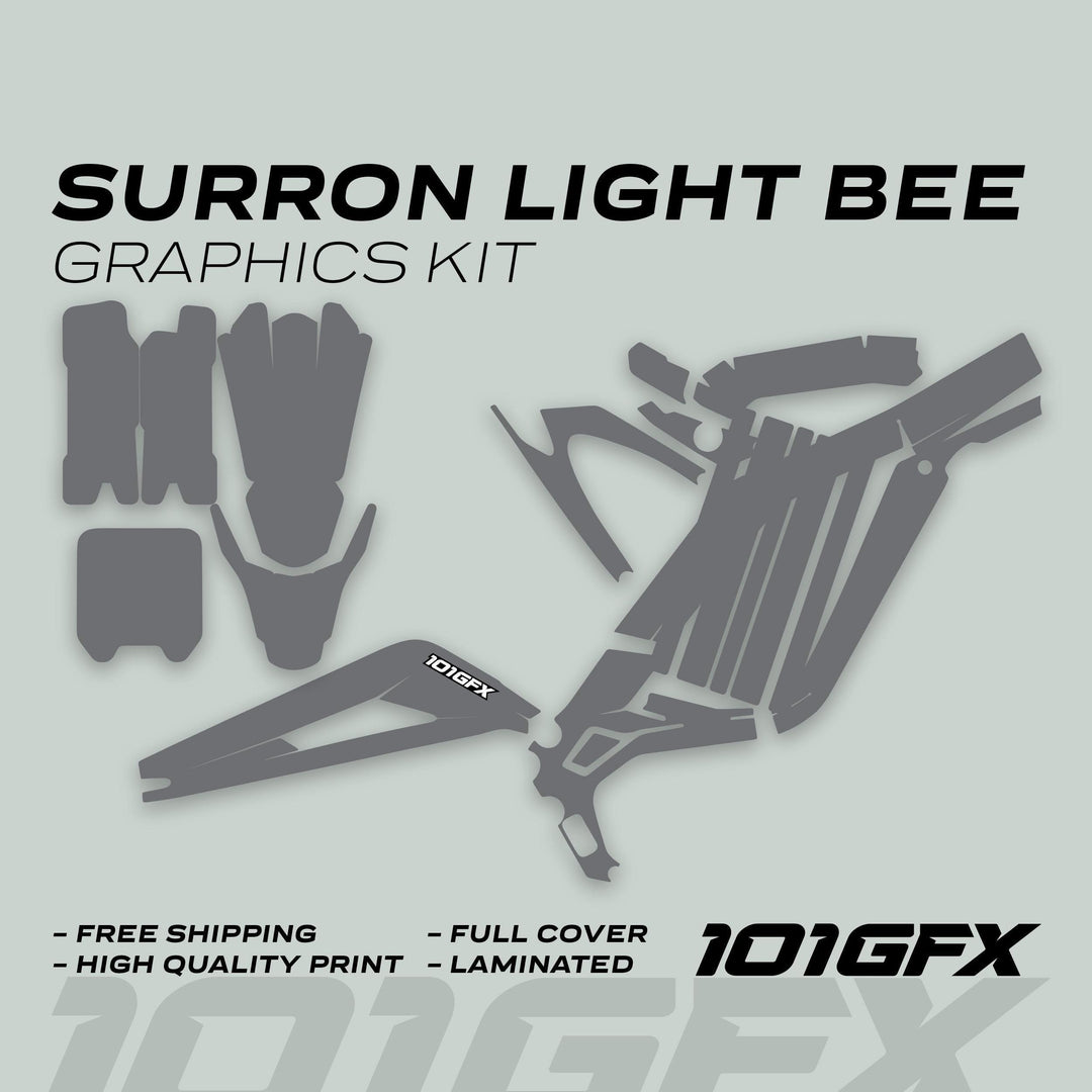 Surron Light Bee X Graphics Kit MONO COLOR Grey with cut-out vinyl decals for fenders and panels, featuring free shipping, high-quality laminated print, and full cover.