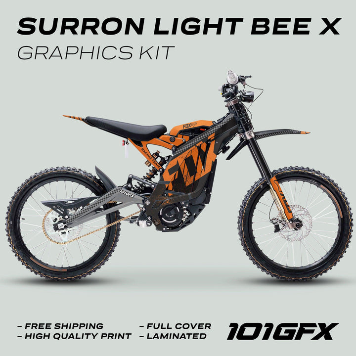 Surron Light Bee X Graphics Kit FOX DUST Black Orange on bike, showcasing high-quality, full-cover decals with free shipping and laminated protection. 101GFX logo displayed.