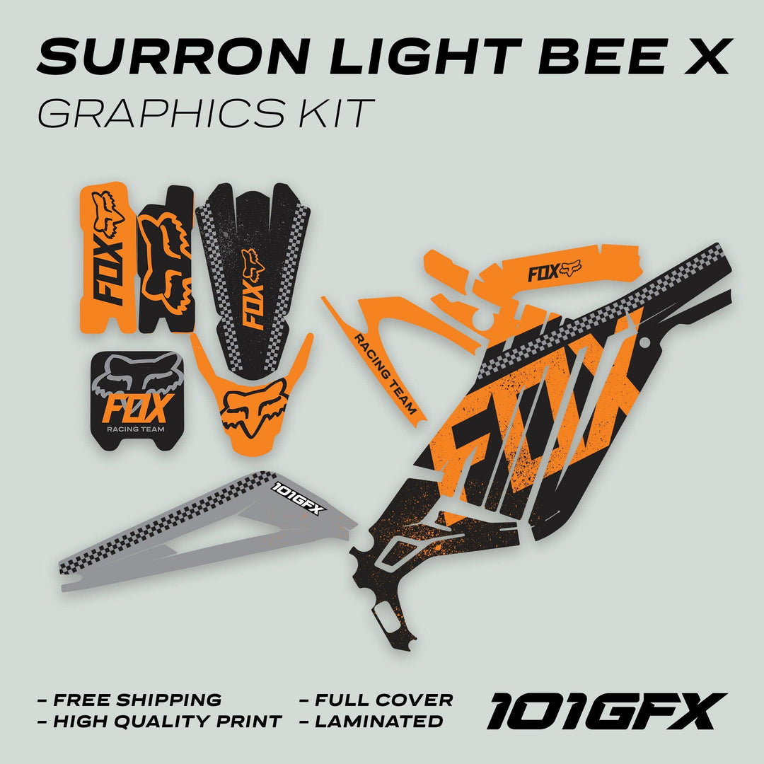 Surron Light Bee X Graphics Kit FOX DUST Black Orange with high-contrast decals for fender, swing-arm, and panels, highlighting 101GFX branding and quality callouts.
