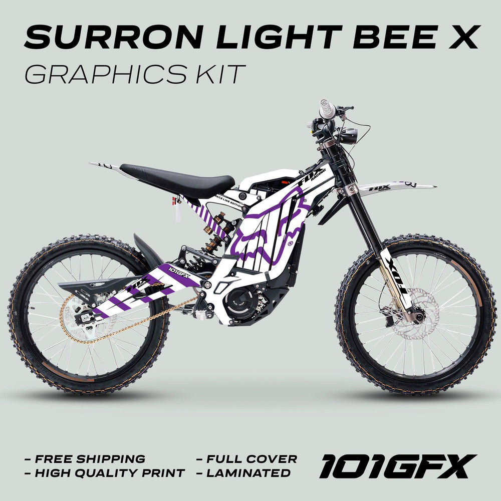 Surron Light Bee X Graphics Kit FOX RACE LINE, featuring a full-coverage decal set on an electric off-road bike, highlighting durability and easy application.