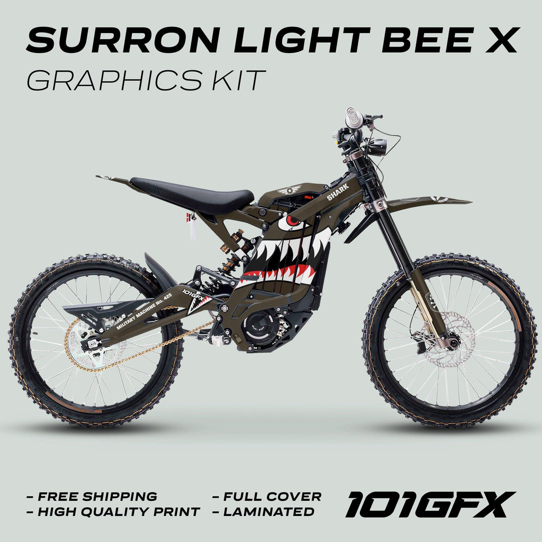 Surron Light Bee X Graphics Kit MILITARY SHARK Brown displayed with shark-mouth decal, showcasing promotional highlights: free shipping, high-quality print, full cover, laminated finish.