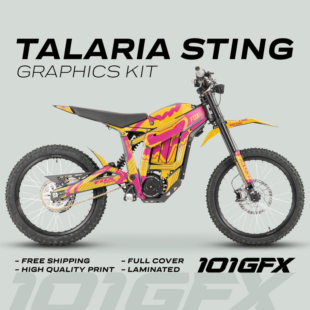 Talaria Sting MX3 MX4 Graphics Kit with FOX STRIPES features a pink-and-yellow full-coverage decal on an electric dirt bike, highlighting vibrant design and durable protection.