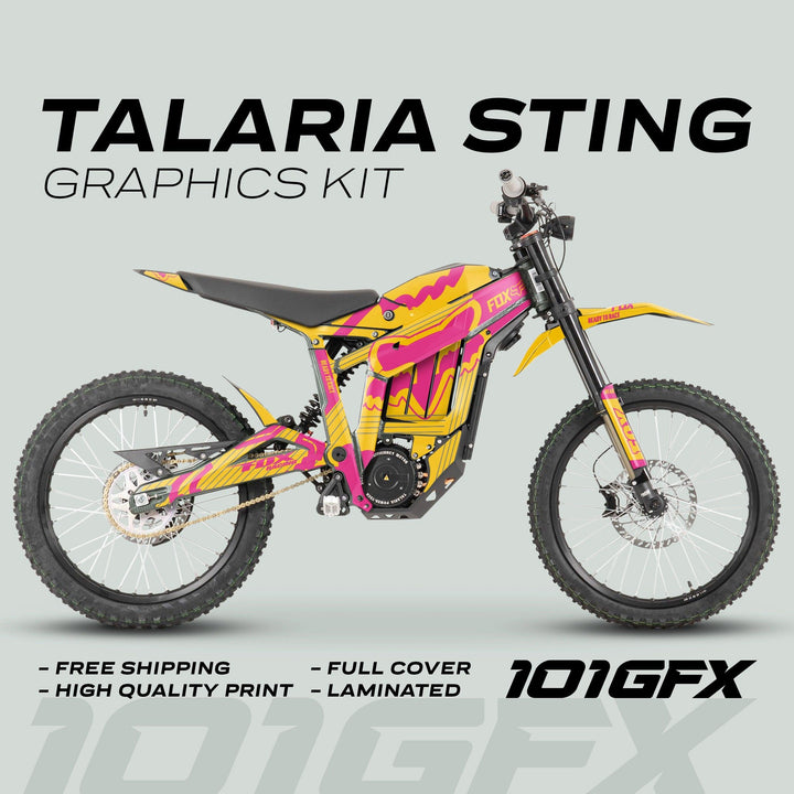 Talaria Sting MX3 MX4 Graphics Kit with FOX STRIPES features a pink-and-yellow full-coverage decal on an electric dirt bike, highlighting vibrant design and durable protection.