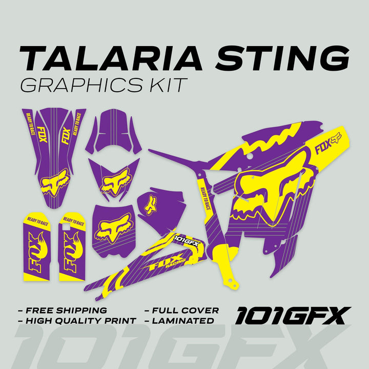Talaria Sting MX3 MX4 Graphics Kit FOX STRIPES Purple Yellow with purple-and-yellow decals, Fox Racing logo, and Ready to Race slogan, offering full coverage and high-quality finish.