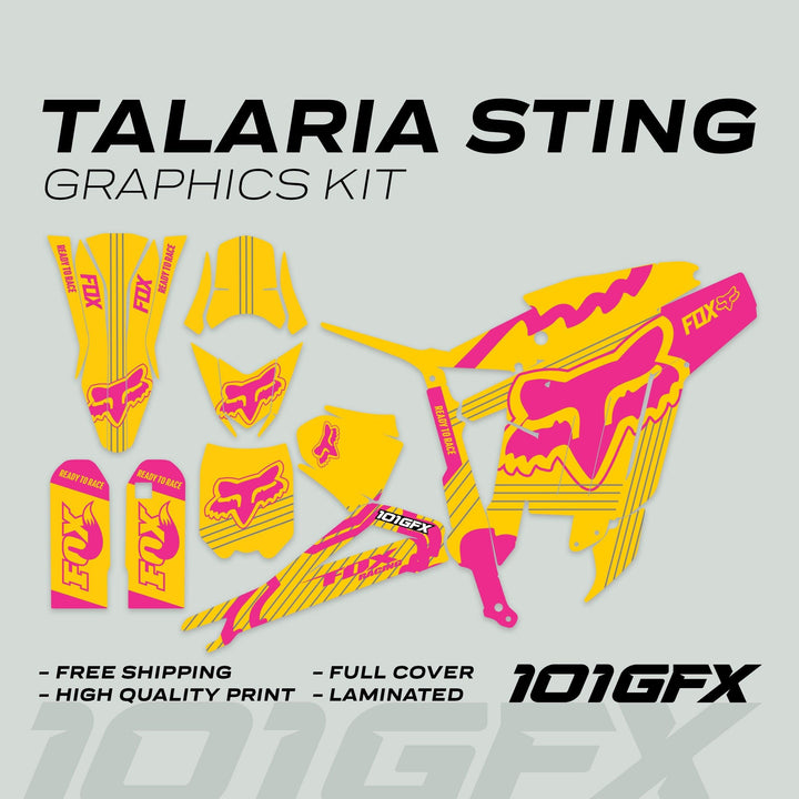 Talaria Sting MX3 MX4 Graphics Kit, featuring vibrant yellow and magenta Fox Racing-style decals, includes fork-guard, shroud, side-panel covers, and swingarm graphics.