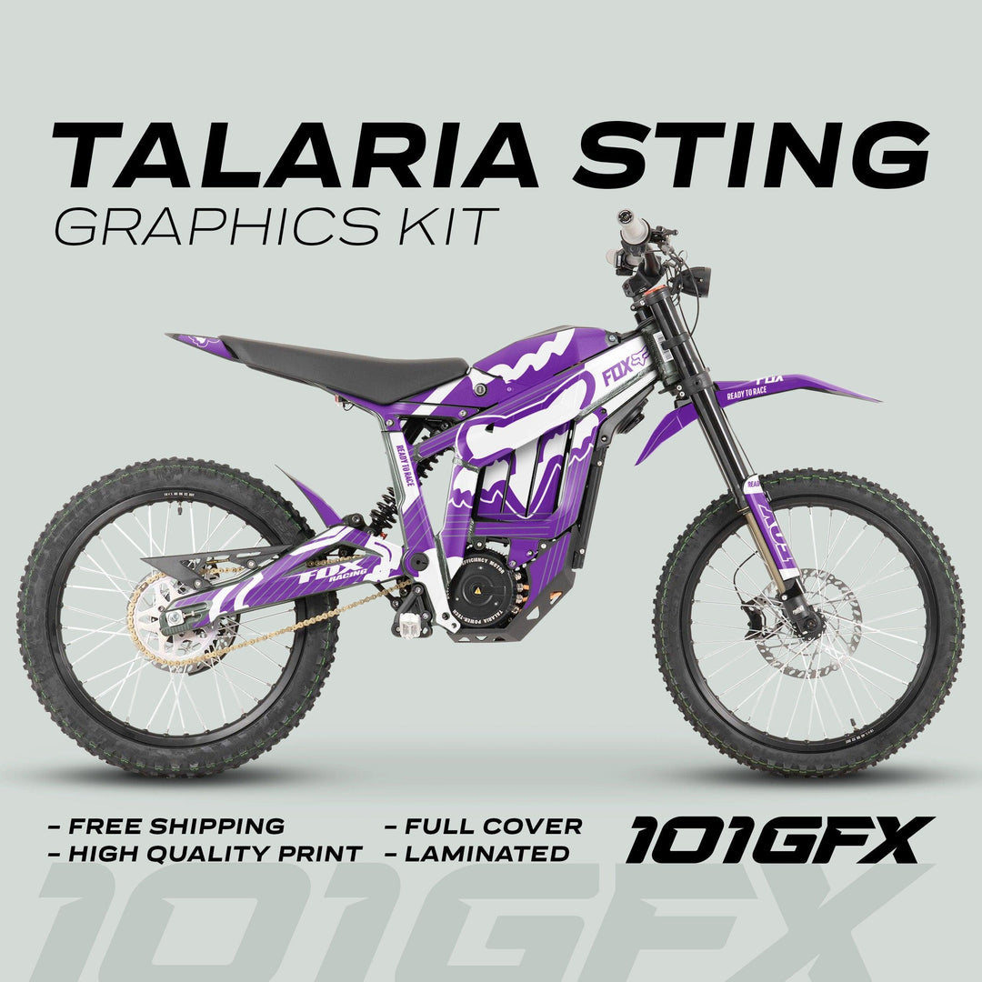 Talaria Sting MX3 MX4 Graphics Kit FOX STRIPES Purple White displayed on a side-profile electric dirt-bike, highlighting vibrant purple decals, free shipping, quality print, and full cover.