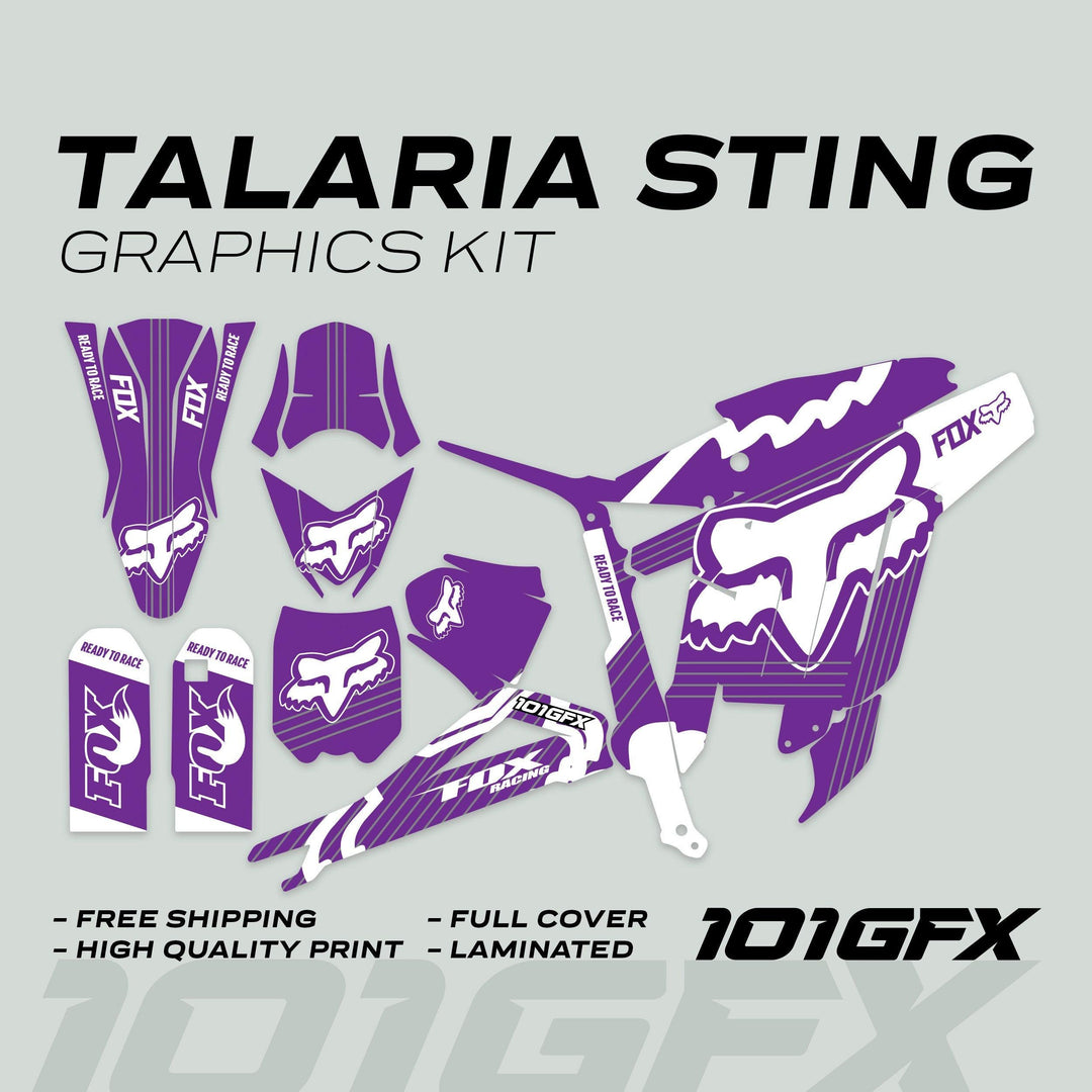 Talaria Sting MX3 MX4 Graphics Kit FOX STRIPES Purple White, featuring laid-out decals with Fox Racing logos, offers vibrant, durable, full-cover protection and easy application.